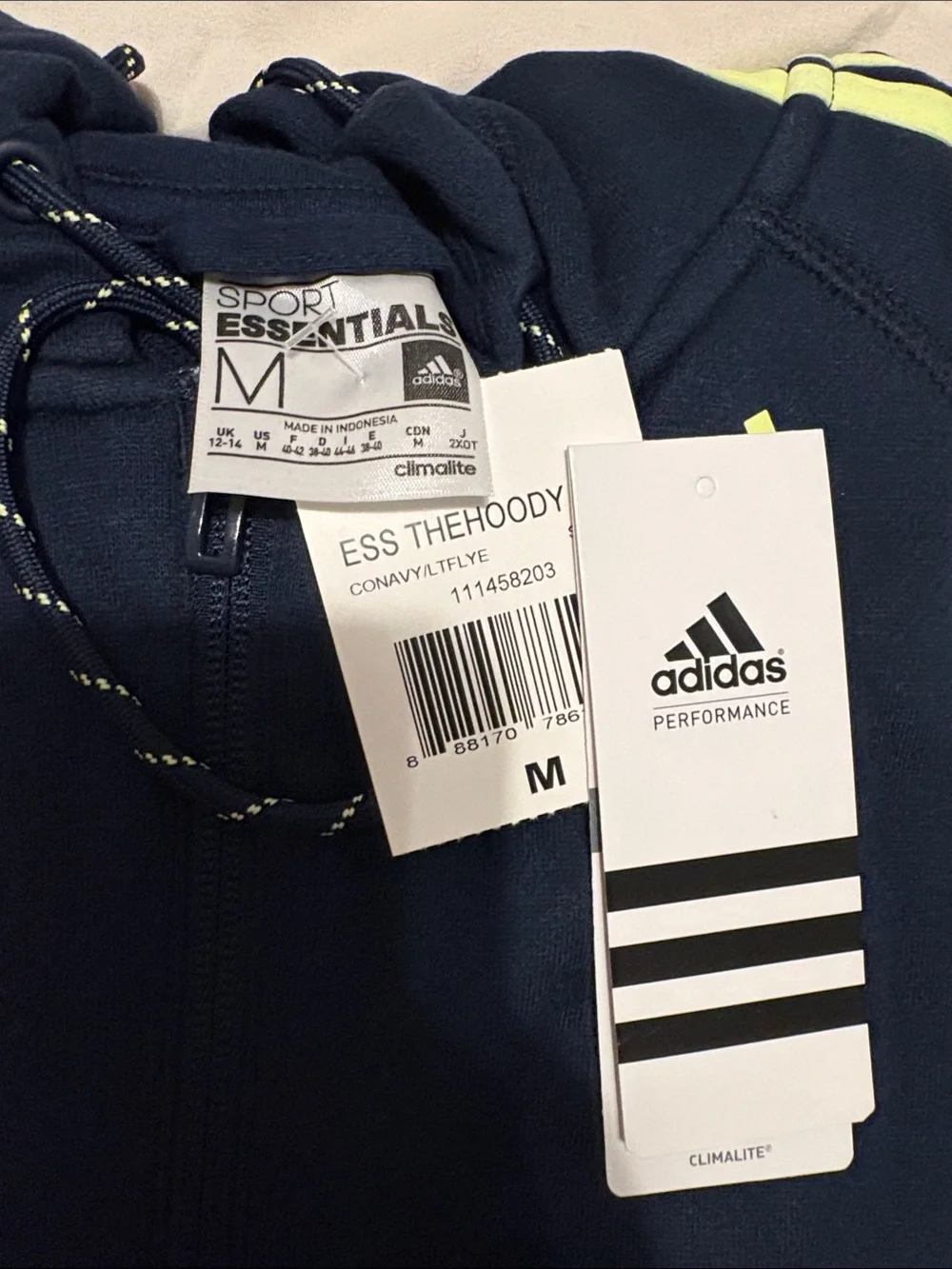 adidas Navy Full-Zip Kids Hoodie with Neon Yellow Accents